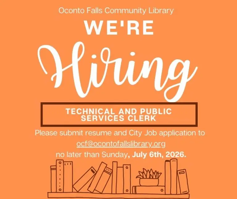 illustration of books on a shelf. Copy says 'We're Hiring: Technical & Public Services Clerk. Submit resume & City Job application by July 6.